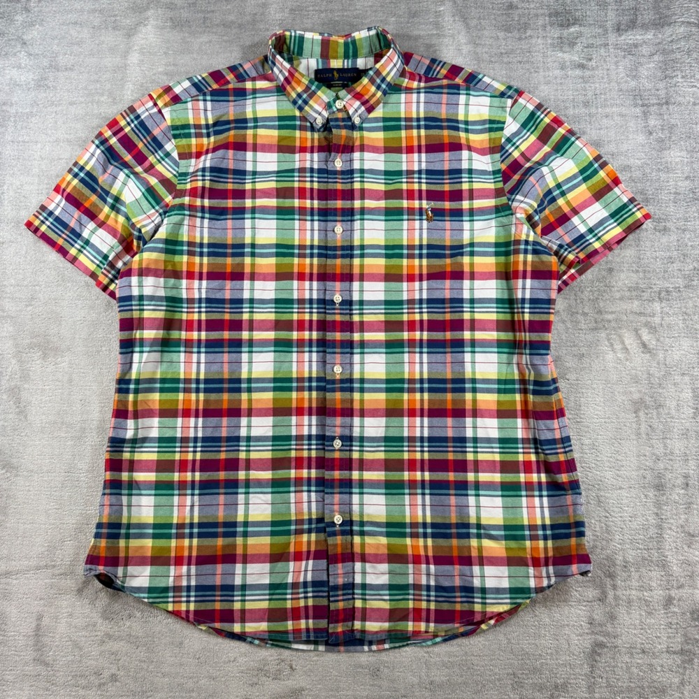Ralph Lauren Shirt Mens 2XL Multi Plaid Slim Fit Short Sleeve Flesh Pony Logo
